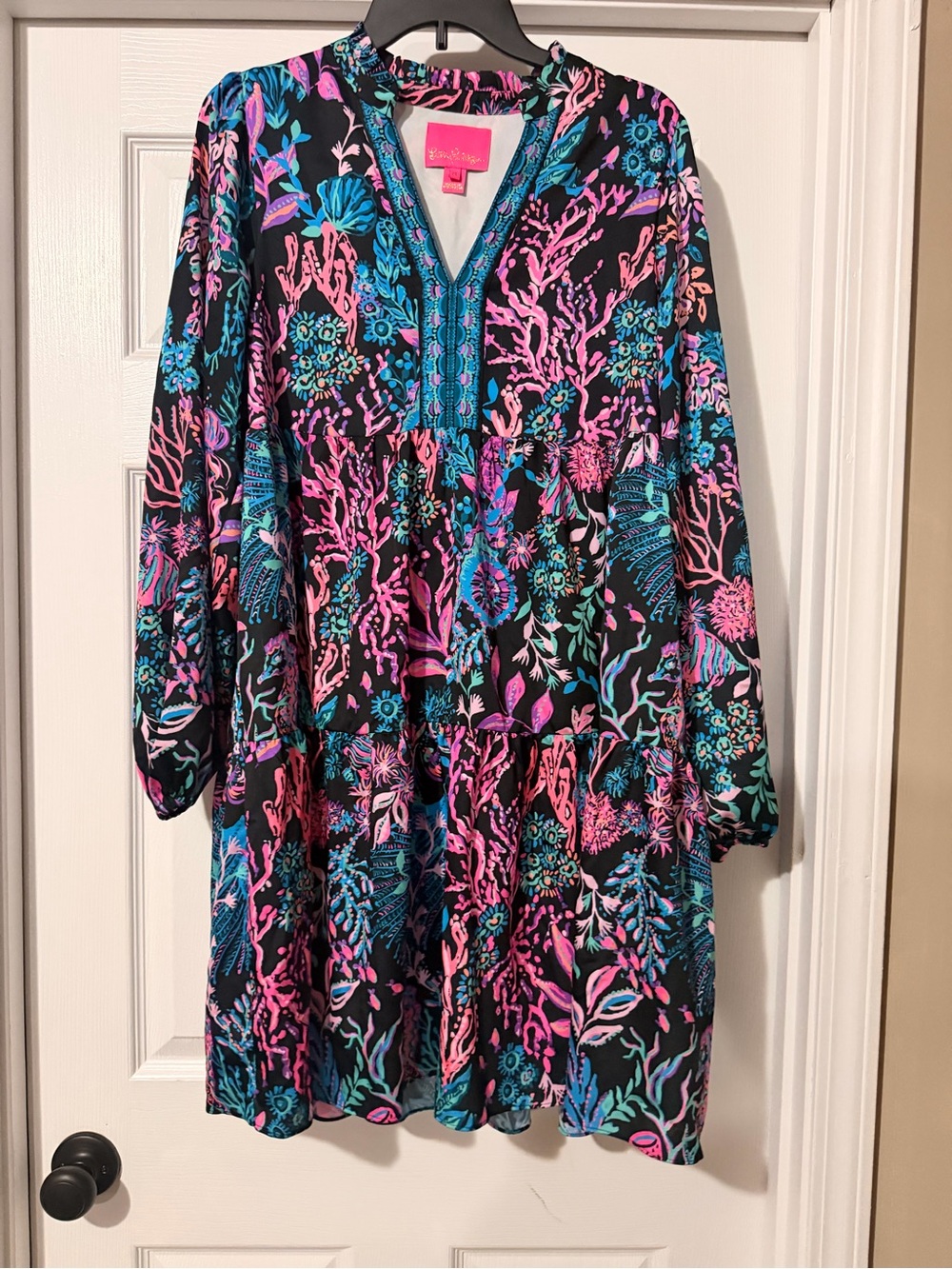 Lilly Pulitzer Black Long-Sleeve Tiered Dress with Pink & Teal Coral Print